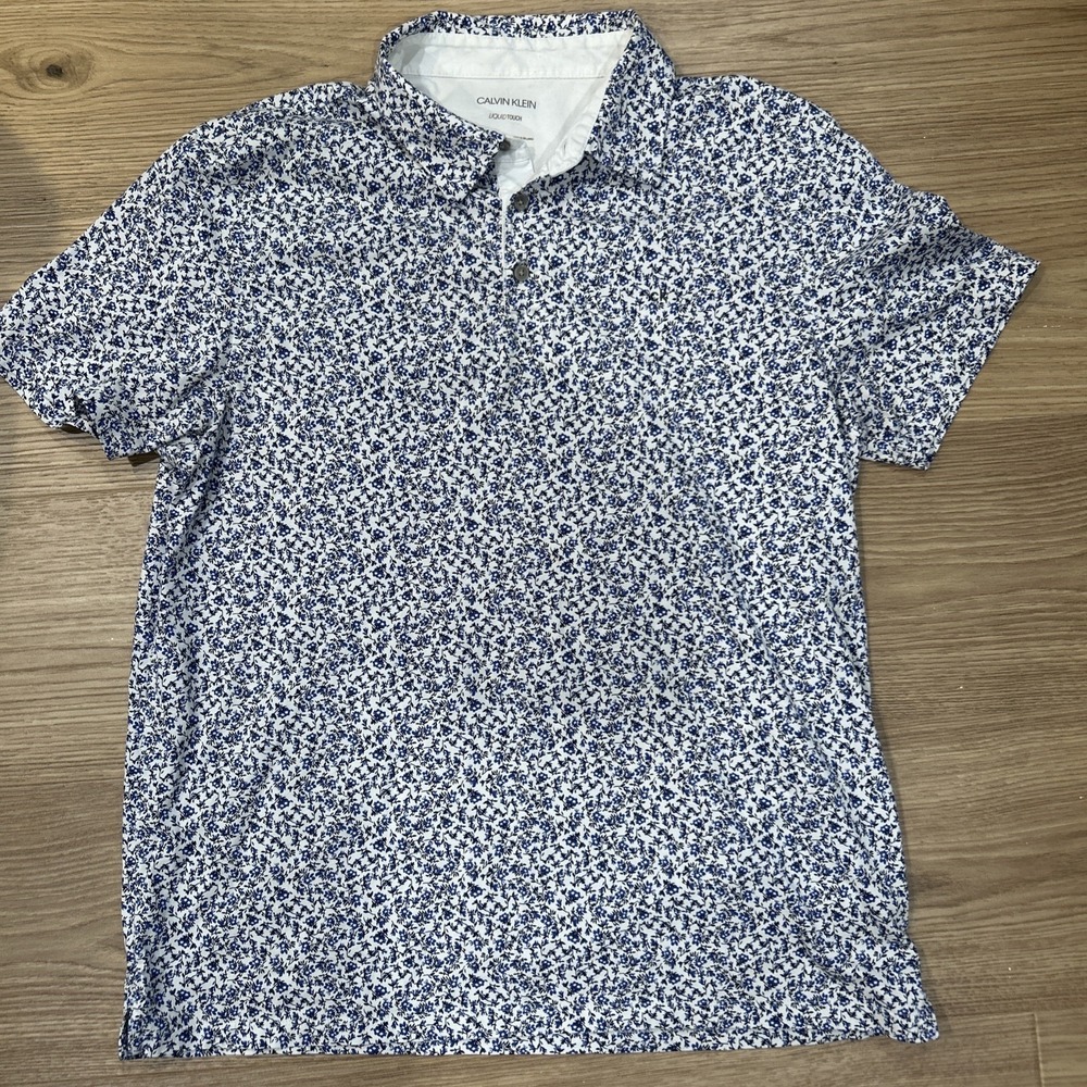 Calvin Klein Men's XL Liquid Touch Polo Shirt Blue White Black Floral